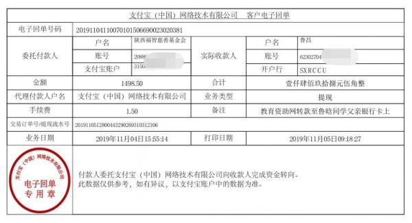 教育资助网转款给鲁晗同学的电子回单