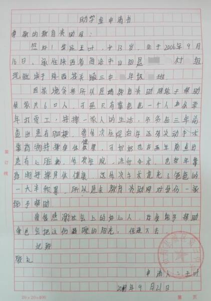 王叶贫困申请书