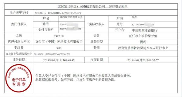 教育资助网转款给杨杰同学的电子回单