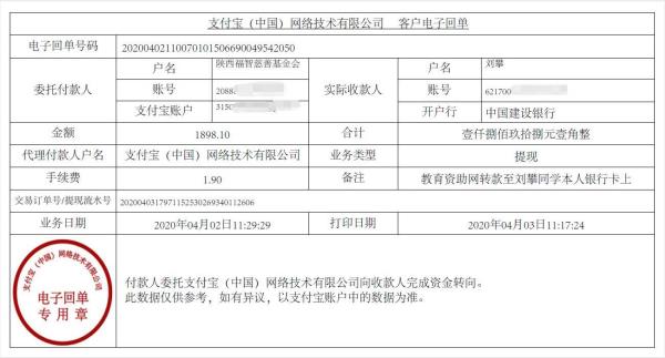 教育资助网给刘攀同学转款的电子回单