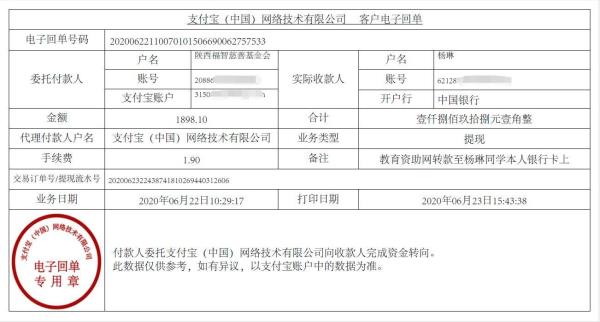 教育资助网给杨琳同学转款的电子回单