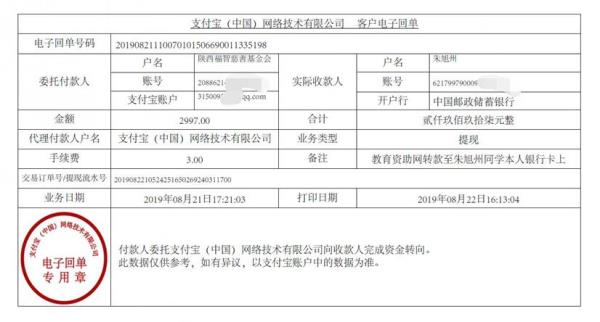 教育资助网给朱旭州同学的电子回单