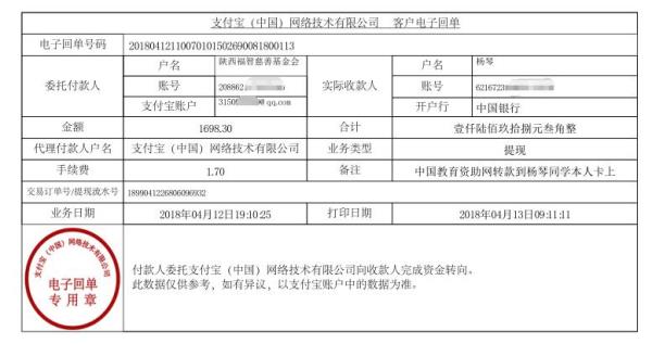 中国教育资助网转款给杨琴同学的电子回单