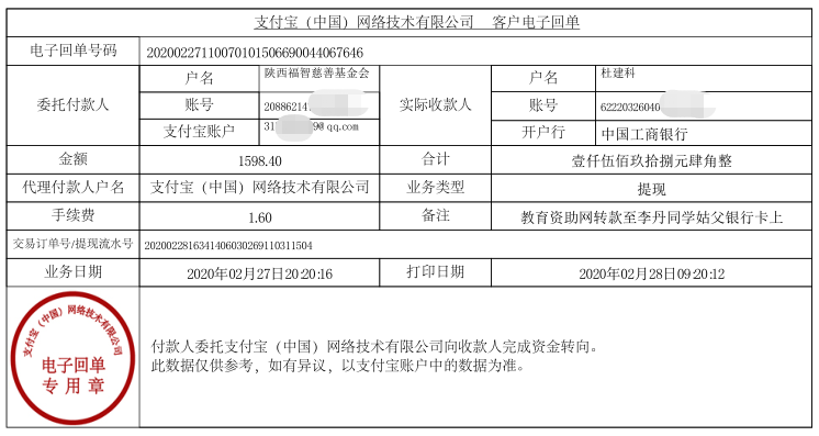教育资助网给李丹同学转款的电子回单