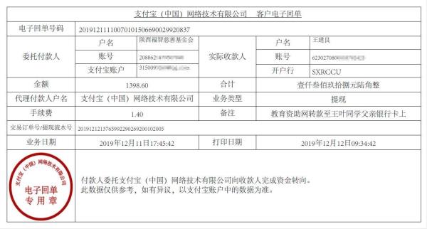 教育资助网转款给王叶同学的电子回单