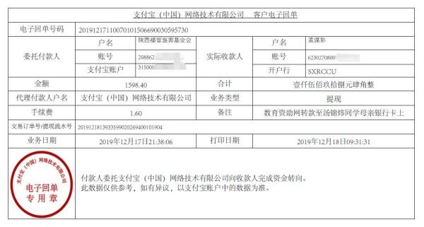 教育资助网转款给汤锦炜同学的电子回单