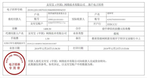 教育资助网转款给胡开宁同学的电子回单