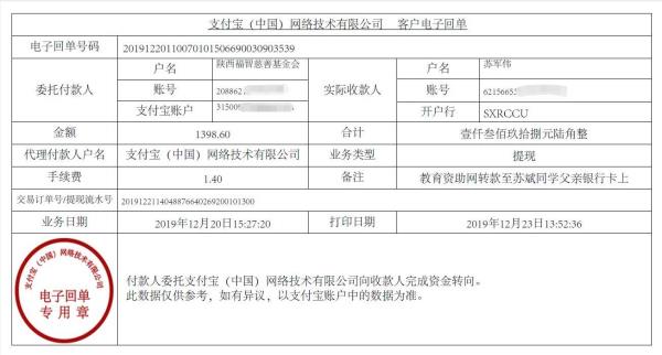 教育资助网转款给苏斌同学的电子回单