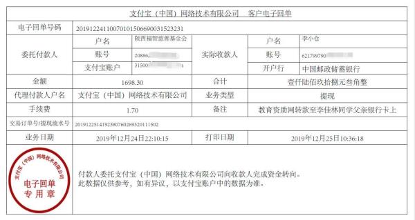 教育资助网转款给李佳林同学的电子回单