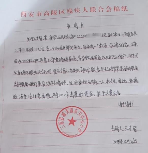 王才智贫困申请书