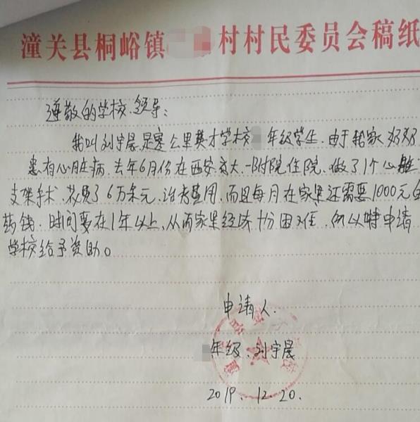 刘宇晨贫困申请书