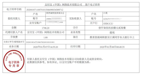 教育资助网转款给江溪同学的电子回单