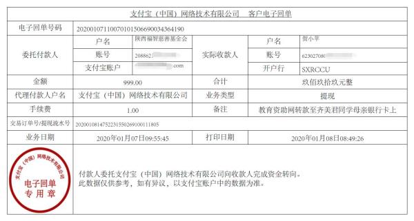 教育资助网转款给齐美君同学的电子回单
