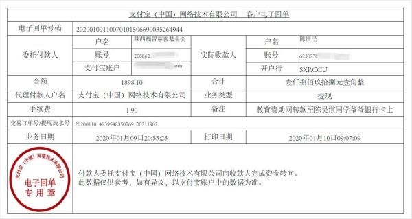 教育资助网转款给陈昊淇同学的电子回单