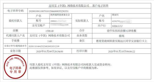教育资助网转款给陈远江同学的电子回单