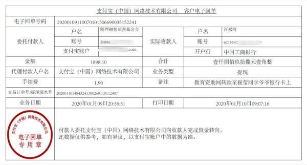 教育资助网转款给崔莹同学的电子回单