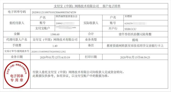 教育资助网转款给宋佳乐同学的电子回单