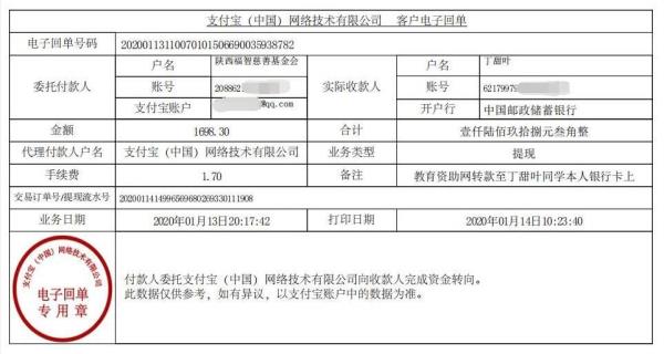 教育资助网转款给丁甜叶同学的电子回单
