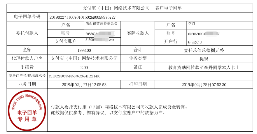 教育资助网给李丹同学转款的电子回单