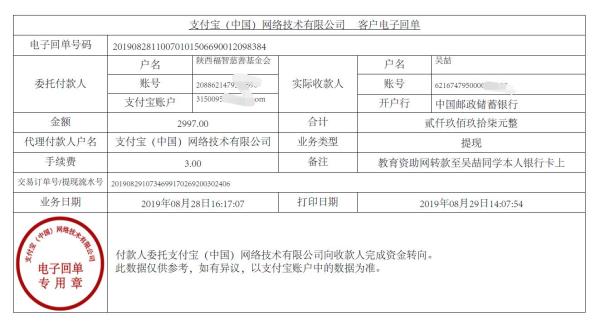 教育资助网转款给吴喆同学的电子回单