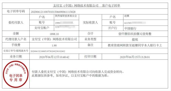 教育资助网给赵娜同学转款的电子回单