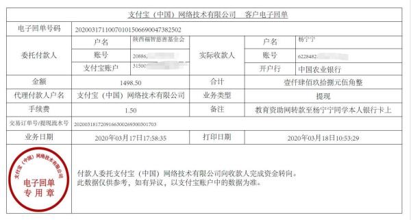 教育资助网给杨宁宁同学转款的电子回单