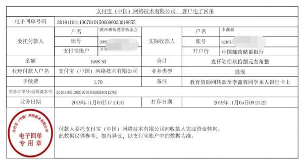 教育资助网转款给李鑫蓉同学的电子回单