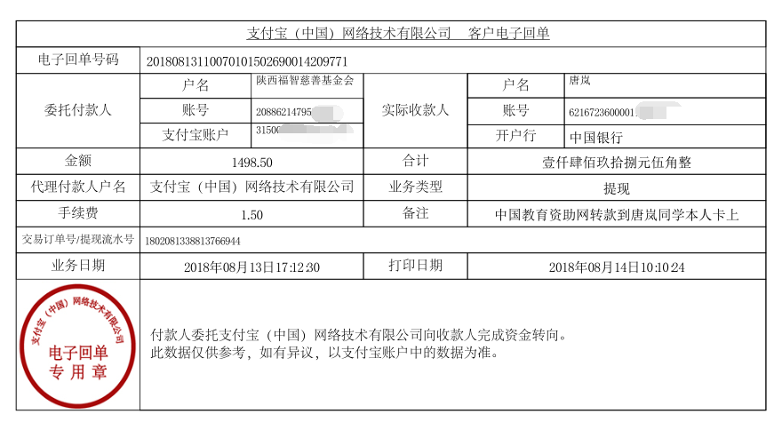 中国教育资助网转款给唐岚同学的电子回单