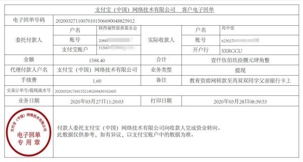 教育资助网给芮双双同学转款的电子回单