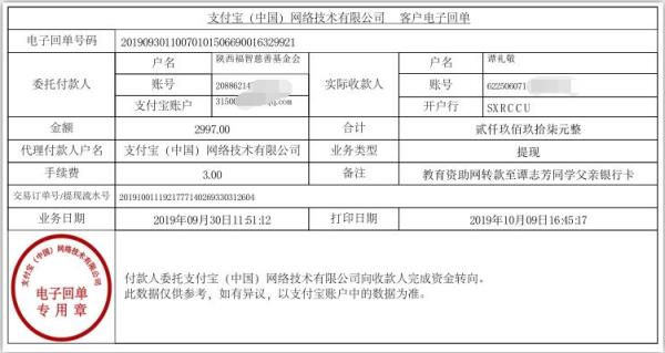 教育资助网转款给谭志芳同学的电子回单