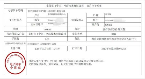 教育资助网转款给郭开汝同学的电子回单