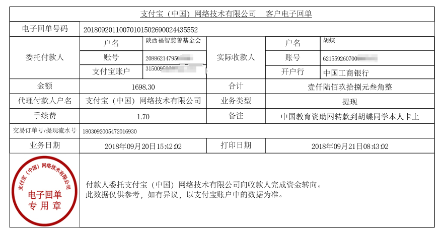 教育资助网给胡蝶同学转款的电子回单