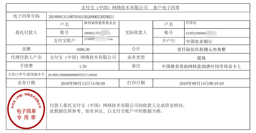 中国教育资助网给唐叶同学转款的电子回单