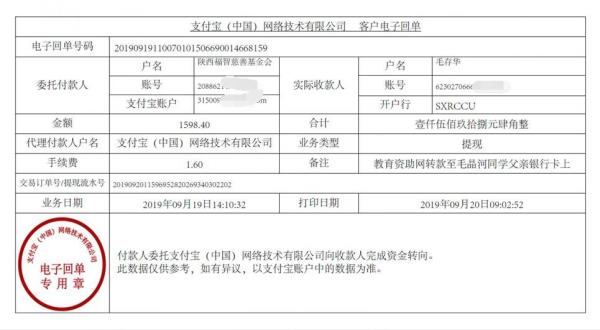 教育资助网转款给毛晶河同学的电子回单