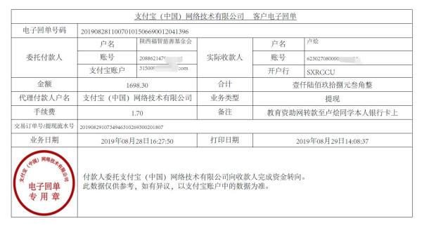教育资助网转款给卢烩同学的电子回单