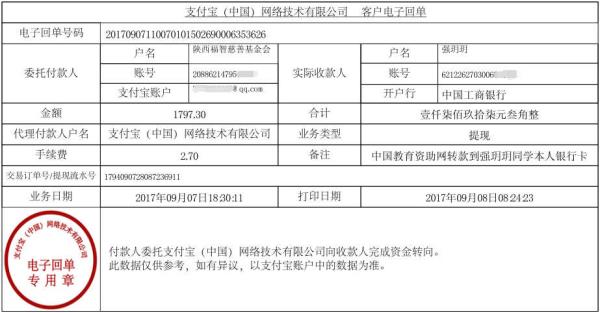 中国教育资助网转给强玥玥同学的电子回单