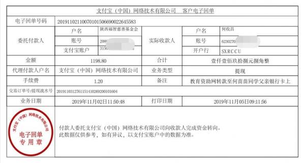 教育资助网转款给何苗苗同学的电子回单
