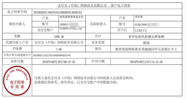 教育资助网转款给邓建超同学的电子回单