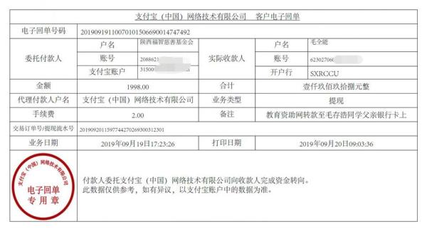 教育资助网转款给毛存浩同学的电子回单