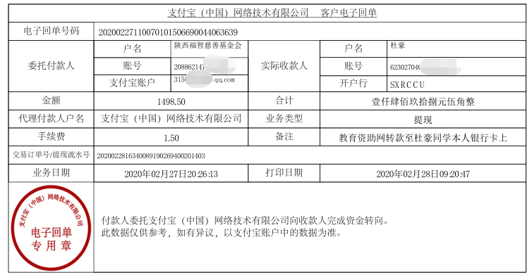 教育资助网给杜豪同学转款的电子回单