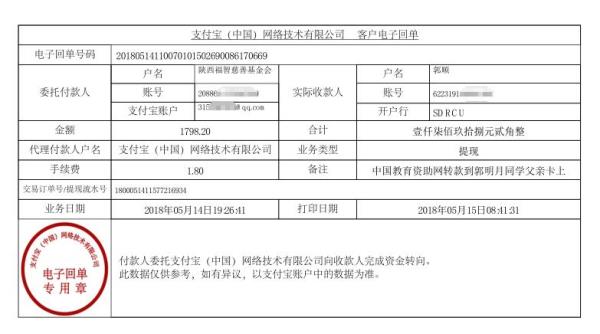 中国教育资助网转款给郭明月同学的电子回单