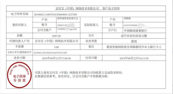 教育资助网转款给郑静静同学的电子回单