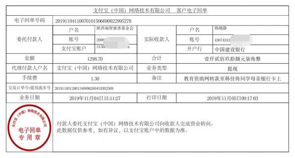 教育资助网转款给韩佳倚同学的电子回单