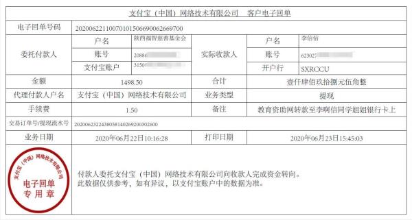 教育资助网给李啊信同学转款的电子回单
