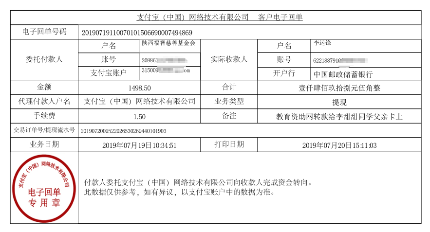 教育资助网给李甜甜同学转款的电子回单
