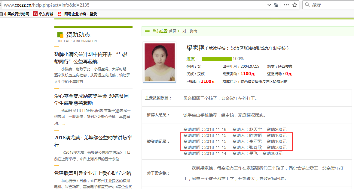 教育资助网给唐梦雨同学转款失败后金额调整后的学生信息
