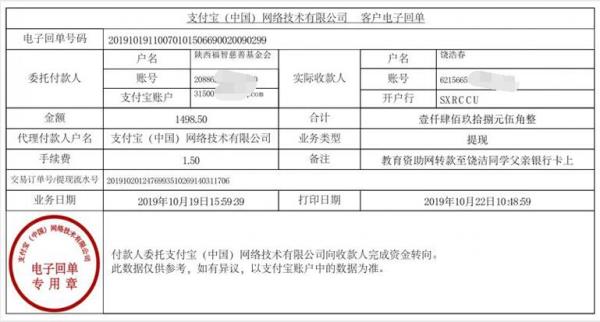 教育资助网转款给饶洁同学的电子回单