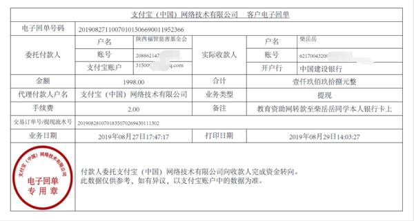 教育资助网转款给柴岳岳同学的电子回单