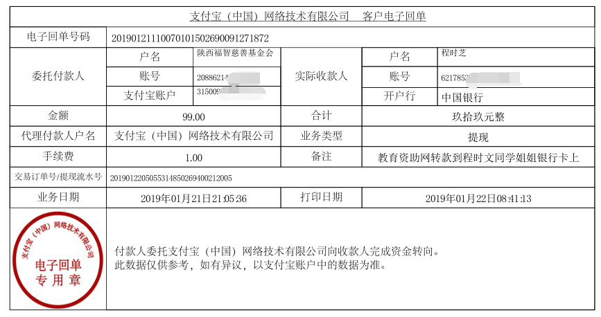 教育资助网给程时文同学转款的电子回单