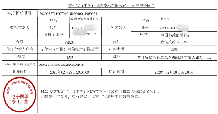 教育资助网给李强强同学转款的电子回单